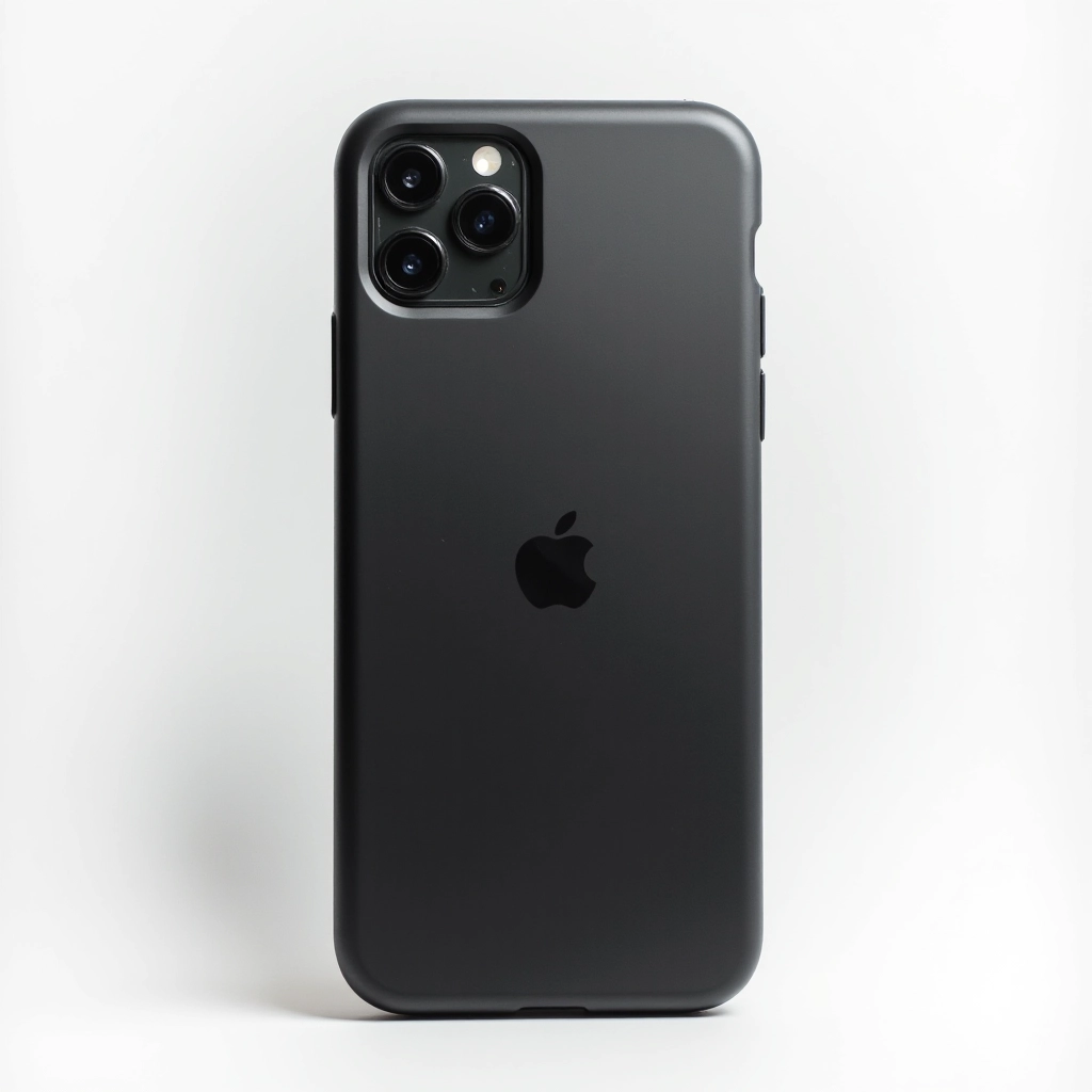 Black smartphone case with reinforced corners displayed on white background, showing texture detail and protective design