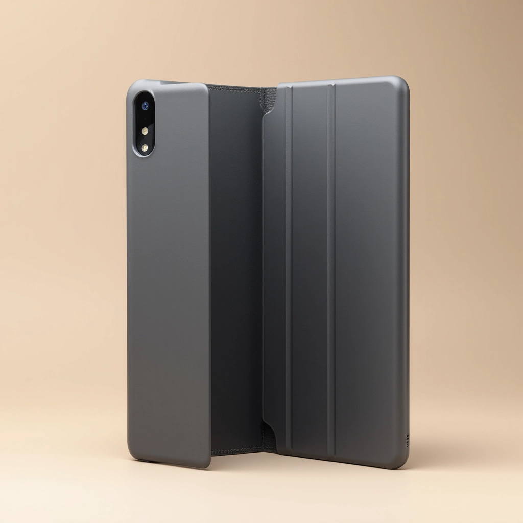Charcoal grey tablet case displayed closed and open showing adjustable viewing stand on beige background, professional product photography showing interior lining