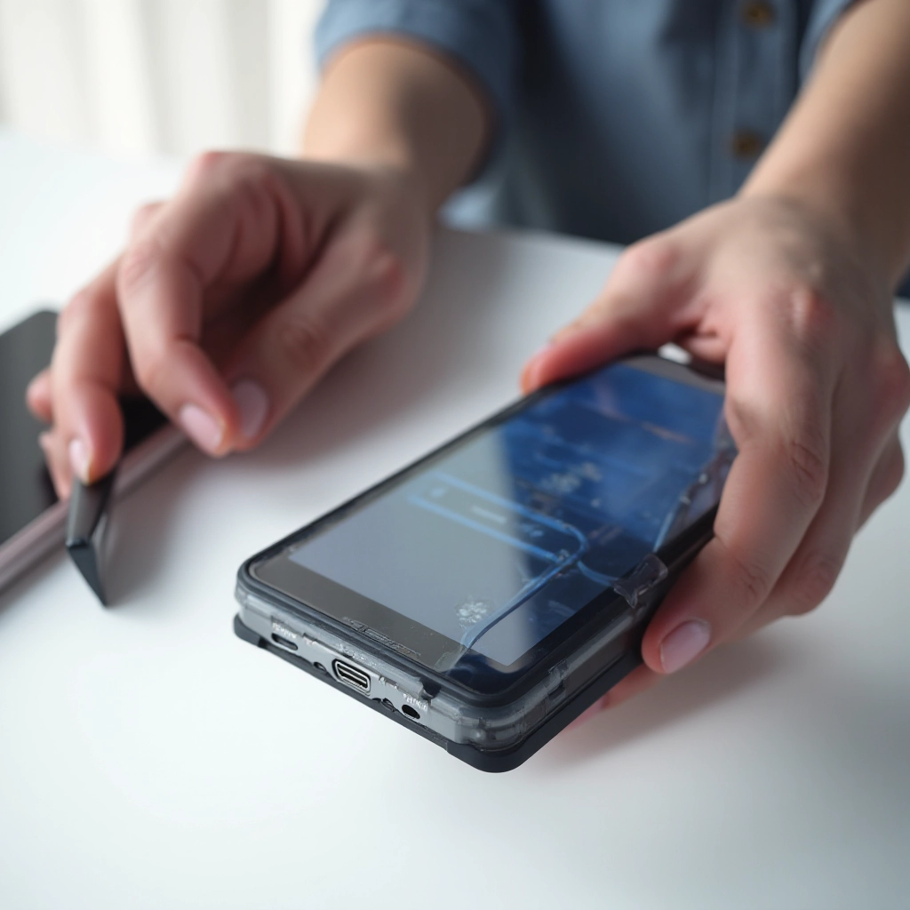 Hands carefully applying tempered glass screen protector to smartphone using squeegee tool, showing proper installation technique with alignment guides