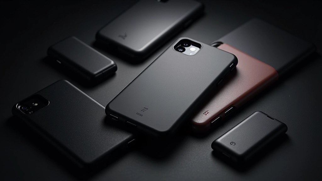 Protective phone cases and tablet covers displayed on dark surface with dramatic studio lighting
