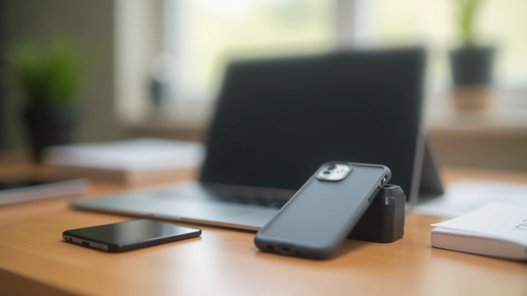 Modern device protection workspace with smartphone and tablet surrounded by protective accessories on clean desk