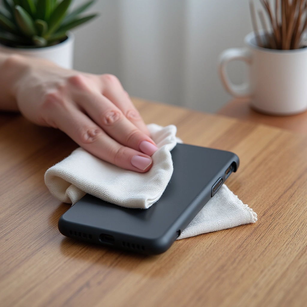 Protective case being cleaned with soft cloth, showing proper care and maintenance technique