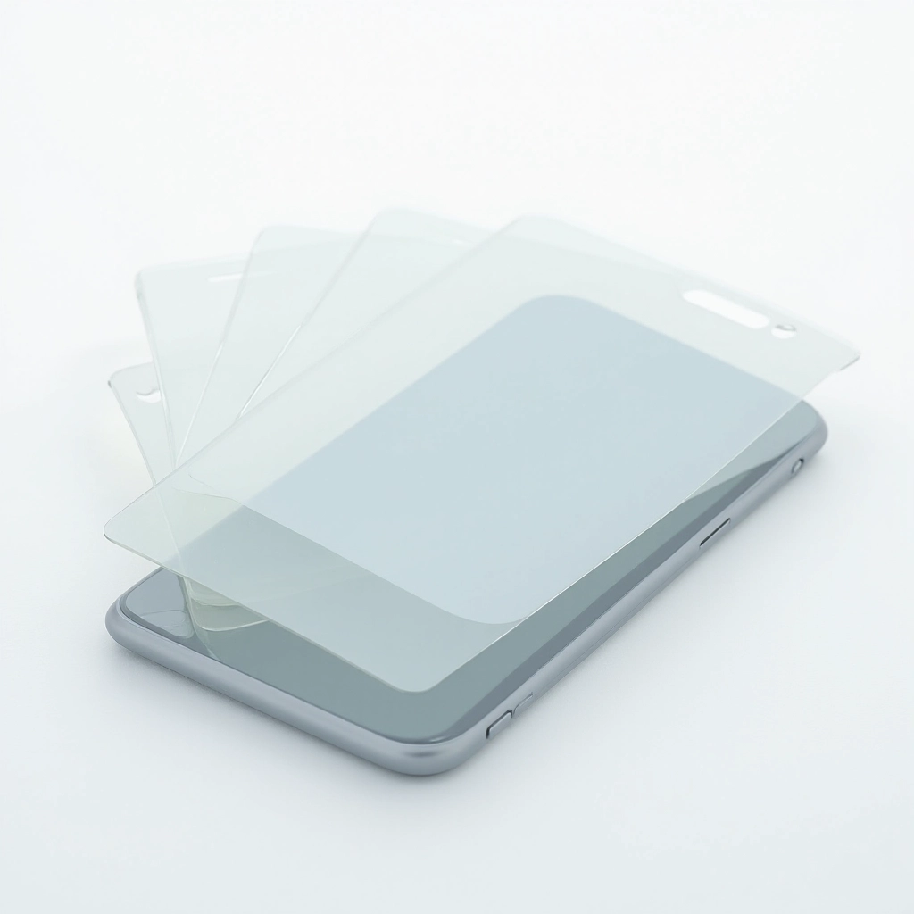Tempered glass screen protector sheets displayed in fan arrangement with installation kit on white background, showing clarity and beveled edges