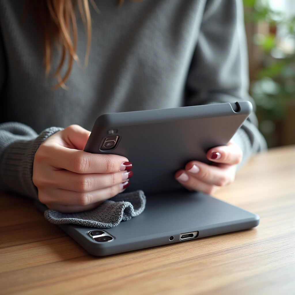 Person cleaning tablet case with soft cloth, professional lifestyle photography showing proper care technique in natural light setting